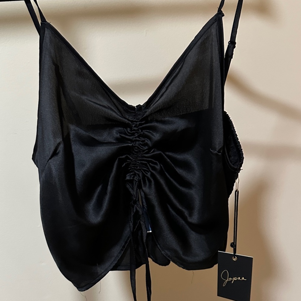 Black Satin Ruched Cropped Tank - Large